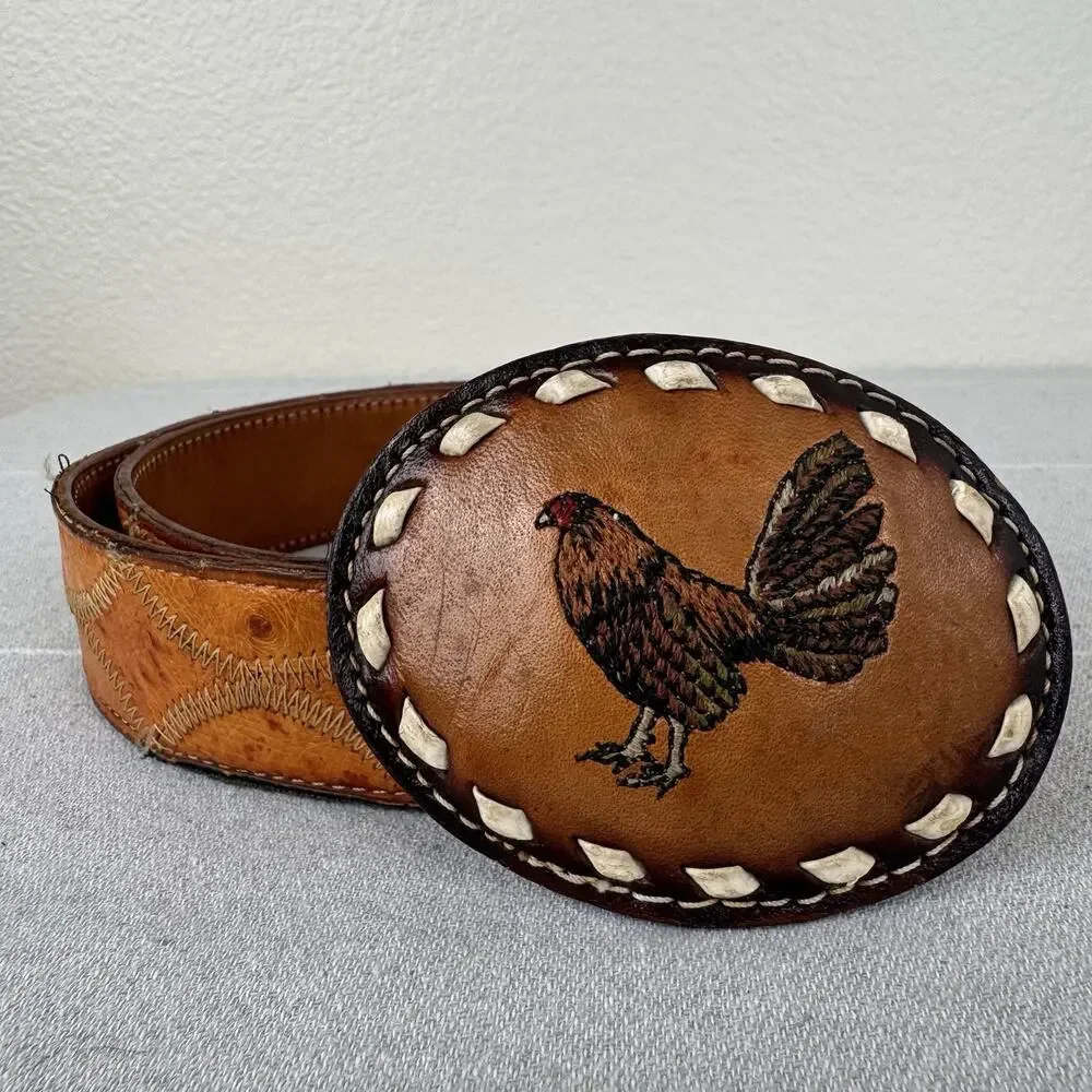 Vintage Justin Ostrich Leather Belt & Vtg Embroidered Rooster Belt Buckle Tan 36